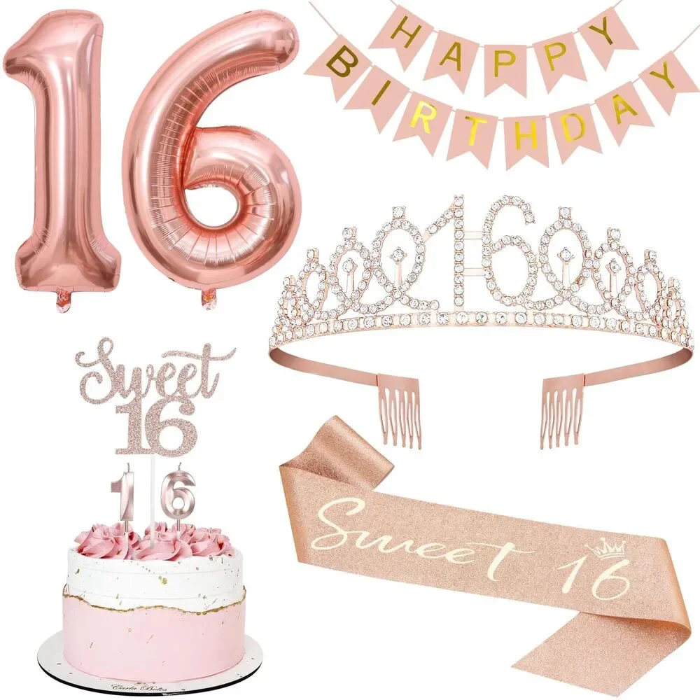 Sweet 16 Party Decorations, Including 16th Tiara and Sash (Rose Gold)